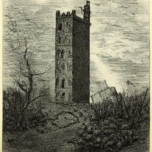 Prompt: Etching of the abandoned wizard\'s tower in the overgrown garden. Piranesi.