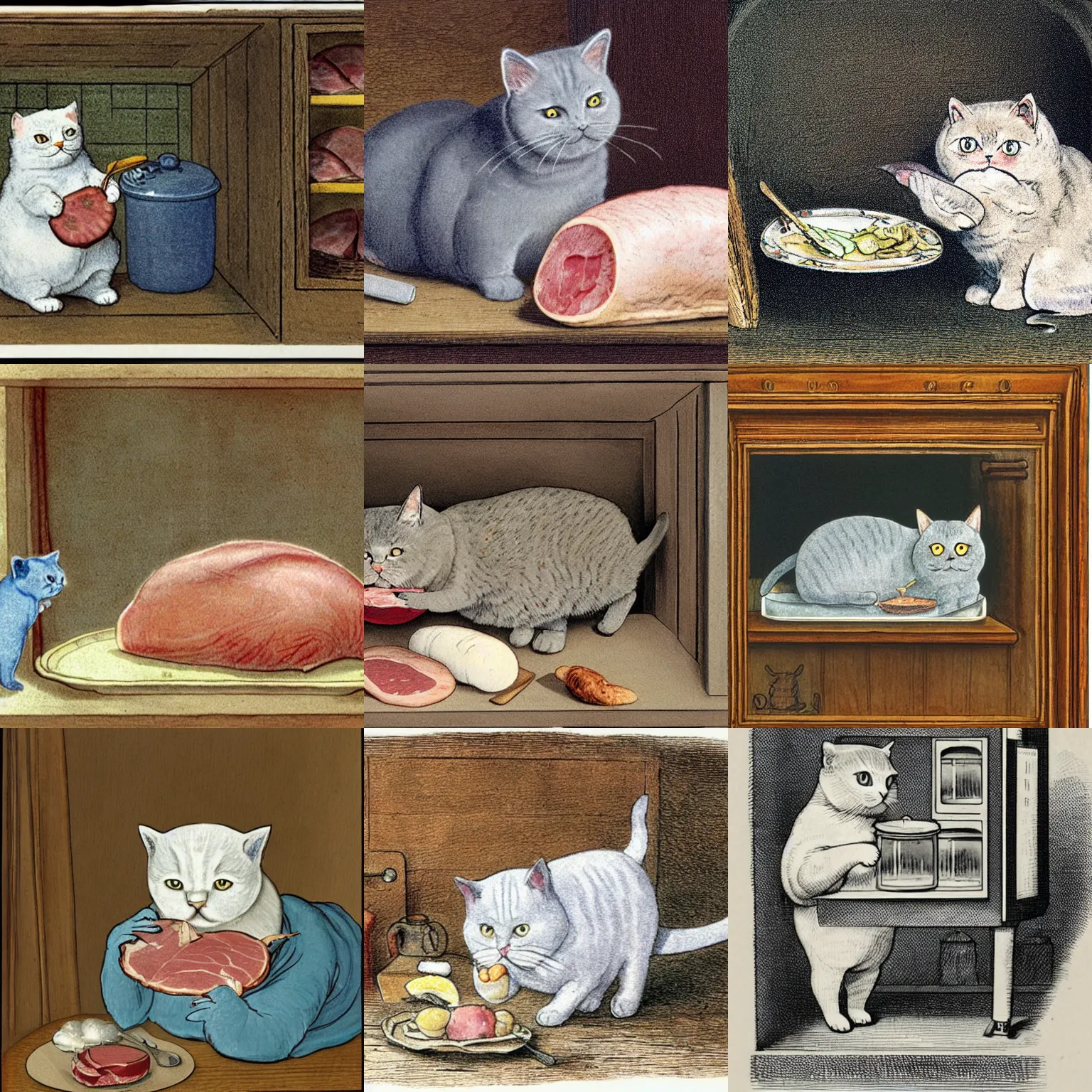 Prompt: british blue shorthair cat eating a large ham, in a fridge, illustration by beatrix potter
