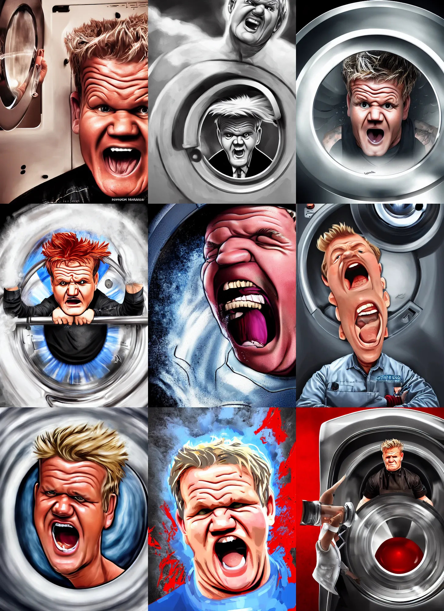 Prompt: angry furious Gordon Ramsay poking his head out of a washing machine and shouting at the camera, digital art, 4k, trending on artstation, high detail