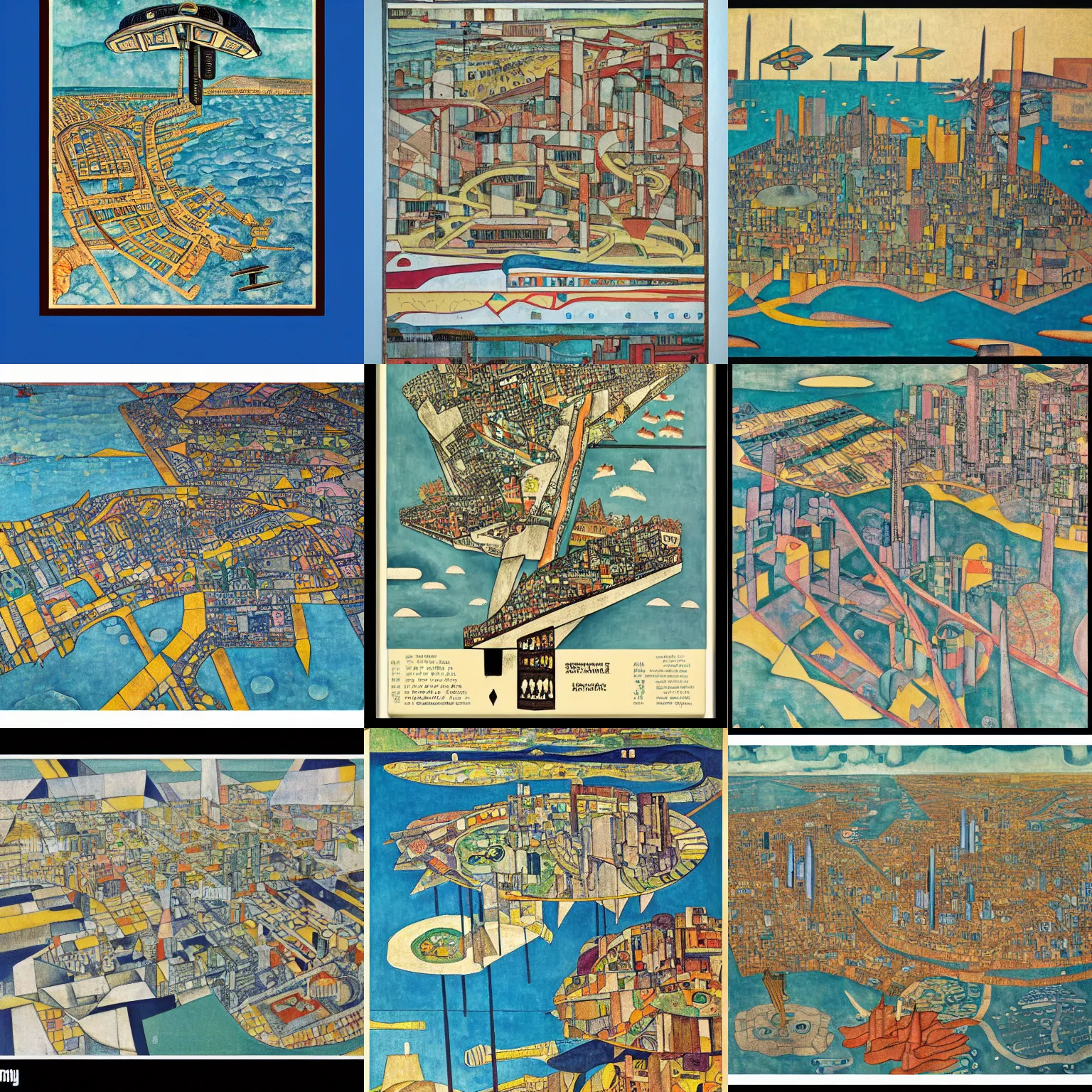 Prompt: a poster with a map of a futuristic dystopian city located in an island surrounded by water with a few flying ships stationed around it, in the style of diego rivera schiele, full color, exploded view