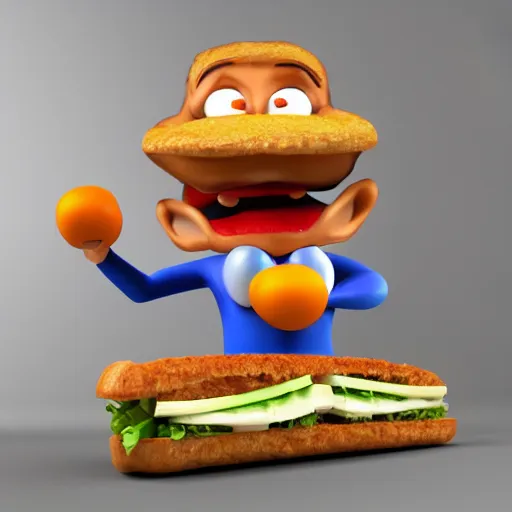 Prompt: a anthropomorphic cartoon sandwich eating itself, 3D render, realistic, 4K