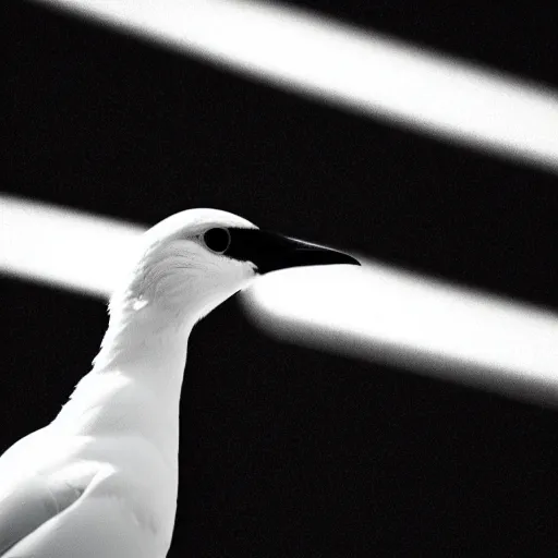 Image similar to a realistic photo of a white bird in a solid black room, high contrast, 8k, film grain, highly detailed