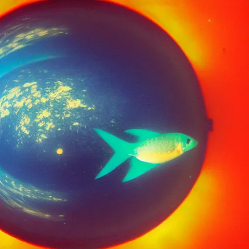 Prompt: Fisheye of a fish swimming in the space among all planets