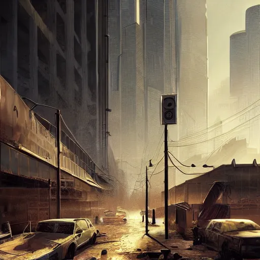 Image similar to epic digital matte paining of post-apocalyptic Los Angeles by Jama Jurabaev and Denis Villeneuve, extremely detailed, artstation