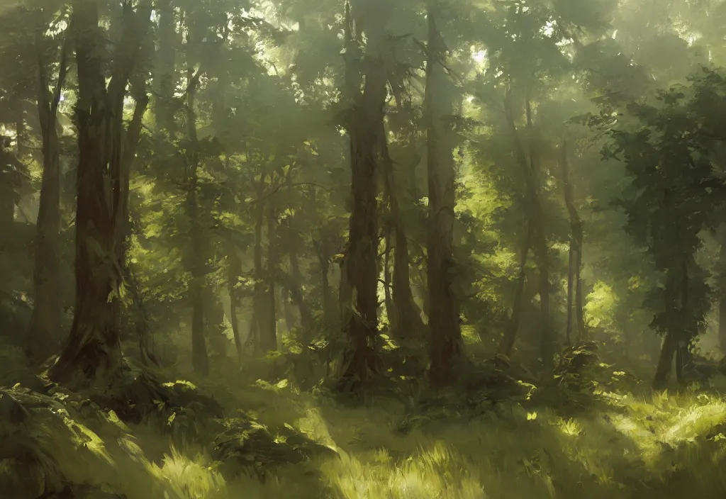 Prompt: greg manchess painting of a forest landscape, painting, trending on artstation, by huang guangjian and craig mullins