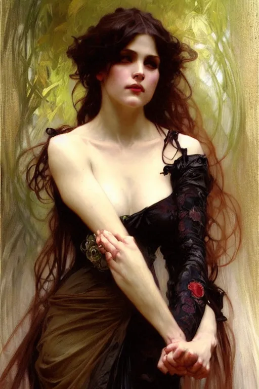 Prompt: gothic lady, painting by daniel gerhartz, alphonse mucha, bouguereau, detailed art, artstation