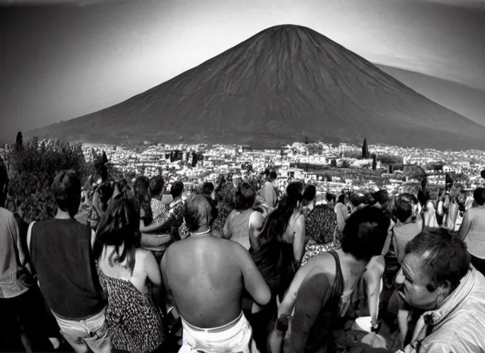 Image similar to old photo of greeks wich drink wine and have fun against the backdrop of mount vesuvius starting to erupt, photo by sebastian salgado, fisheye 4, 5 mm, diffused backlight