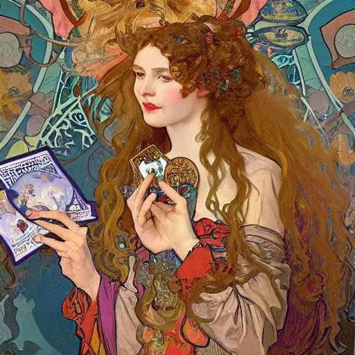 Prompt: Caucasian fortune teller lady with curly hair, with cats on her side, a spread of tarot cards on a table, in a colorful tent, Alphonse Mucha, art nouveau style, full poster ,