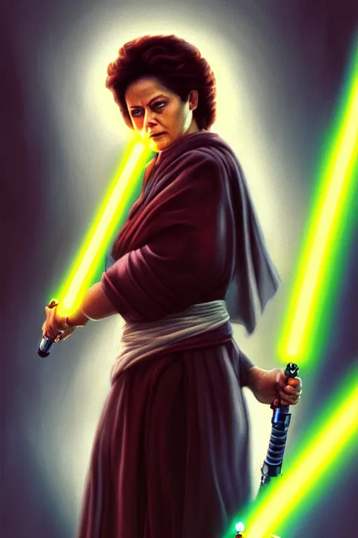 Image similar to breathtaking detailed concept art painting of a jedi dilma rousseff holding a lightsaber, by hsiao - ron cheng, exquisite detail, extremely moody lighting, 8 k