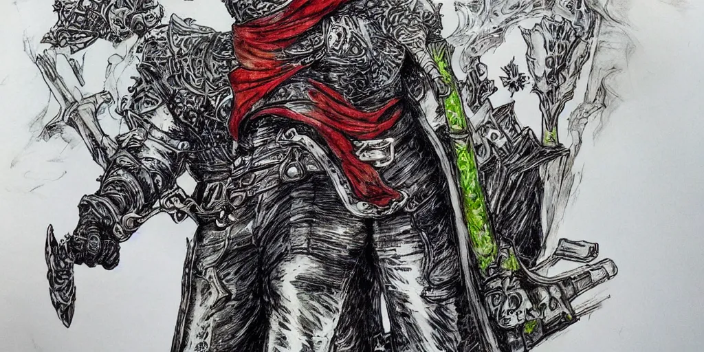 Image similar to guts with one arm, greatsword, detailed face, high detail, castle background, colourful, by kentaro miura