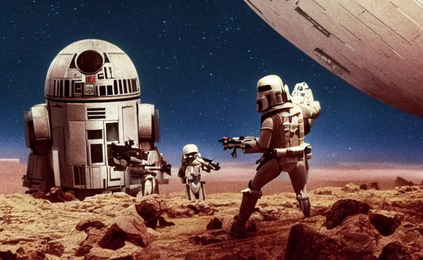 Prompt: cinematic still image of the imperial galactic empire sci fi mexican boarder wall scene from 1 9 8 0 s empire strikes back, 3 5 mm imax, moody iconic scene, action scene, beautiful detailed scene, color kodak, directed by kubrick