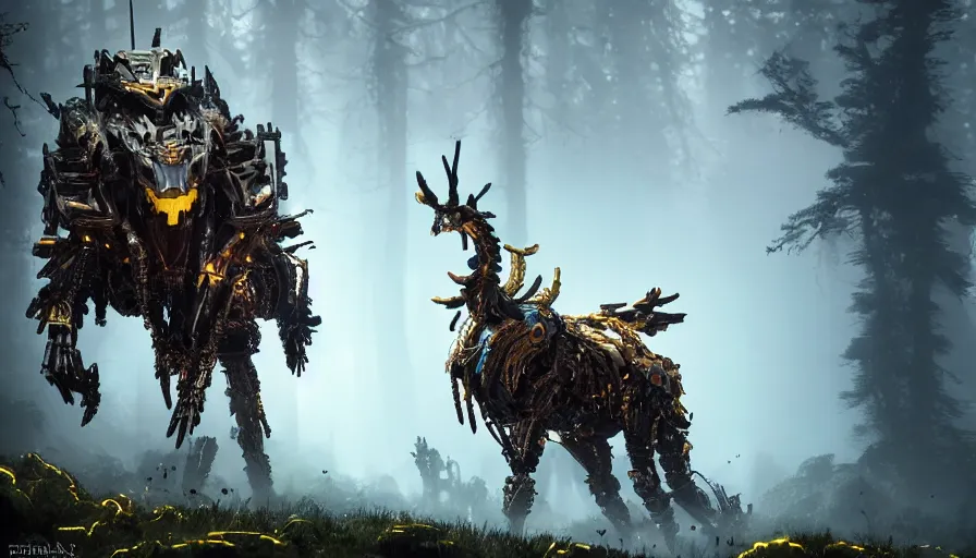 Image similar to walking animal mech covered in gold and silver armor with horizon zero dawn and elden ring aesthetic, covered in moss and birds, glowing lights, beautiful forests and trees, intricate detail, cinematic, dramatic lighting, art by darek zabrocki and John Park and Feng Zhu and Jason Chan, trending on artstation, masterpiece.