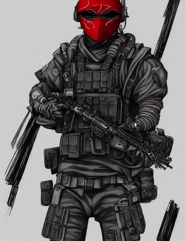 Image similar to a detailed manga illustration of a masked special forces soldier wearing dark red advanced demon - resistant cyborg tactical gear, trending on artstation, digital art, 4 k resolution, detailed, high quality, sharp focus, hq artwork, coherent, insane detail, character portrait