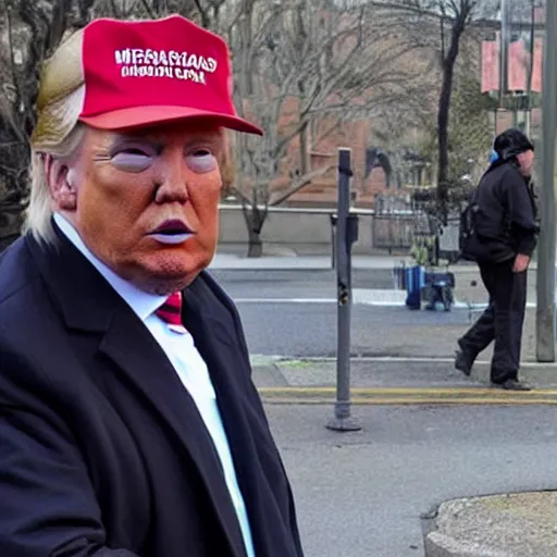 Image similar to donald trump dressed as a homeless man asking for money on the streets