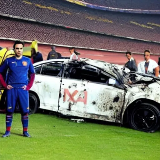 Prompt: xavi hernandez next to a crashed car, in camp nou