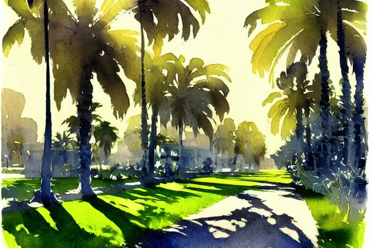 Prompt: small centered on watercolor paper, paint brush strokes, abstract watercolor painting of city park with palm trees, daylight, shadows, covering foliage over pathway, sunlight shining through, translucent leaves, cinematic light, national romanticism by hans dahl, by jesper ejsing, by anders zorn, by greg rutkowski, by greg manchess, by tyler edlin