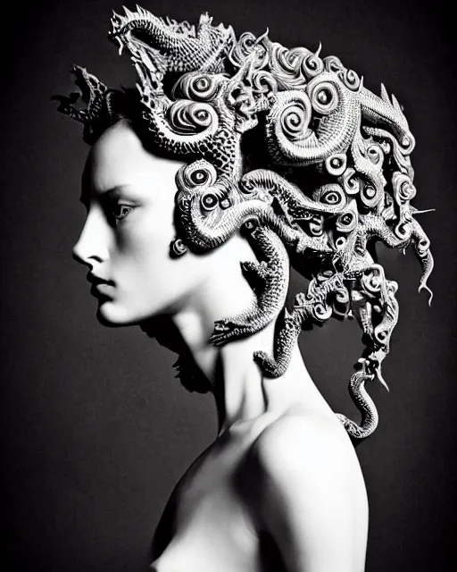 Image similar to dark background, a black and white high quality dreamy photo of a young beautiful female queen-dragon-vegetal-cyborg bust with a very long neck and delicate Mandelbrot fractal face, elegant, highly detailed, flesh highly baroque ornate, hair are curled wired cables, elegant, poetic, soft, dreamy, mysterious, high fashion, rim light, in the style of Ellen von Unwerth, Realistic, Refined, Digital Art, Highly Detailed, Cinematic Lighting, rim light, black and white, photo-realistic, 8K