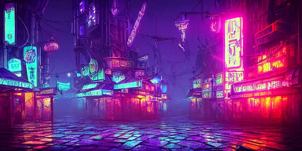 Prompt: fantasy medieval cyberpunk townscape, rain, neon signs, cinematic establishing shot, purple teal blue white pink orange color scheme, sharp focus, very realistic, photorealistic, intricately detailed, finely textured, cgsociety