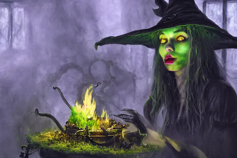 Prompt: close shot of a witch brewing in her lair, depressing, gloomy, tired, detailed, witch hat, dungeon, green smoke, fire, smoke, realism, realistic, hyper detailed, green lighting, ambient lighting, smoke, haze, bokeh, acrylic, digital painting,