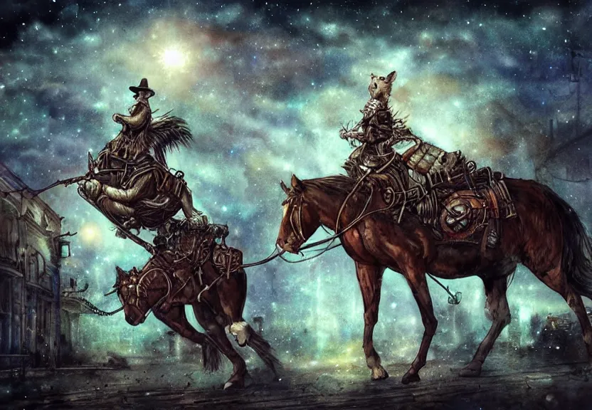 Image similar to possum riding a horse through a steampunk city at night under a dark starred sky, dark fantasy, digital art, watercolor, high detail, dreaming illusion