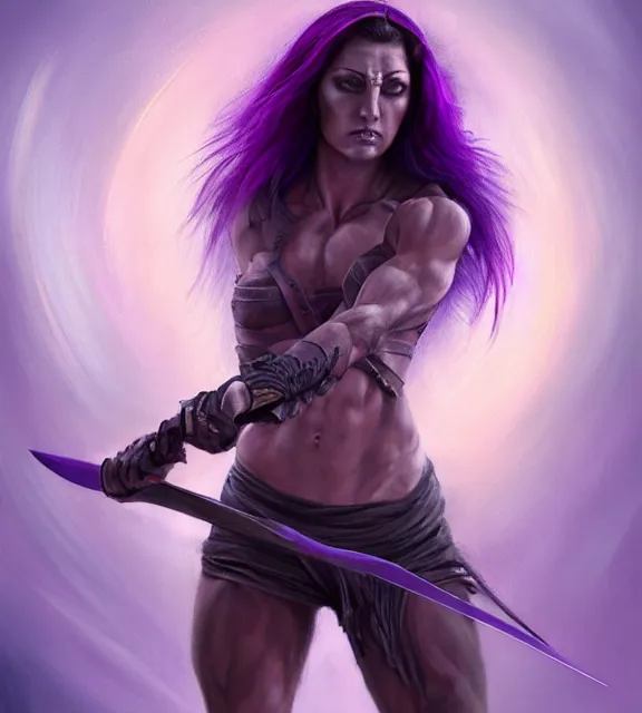 Image similar to muscular female warrior holding dagger shaft, perfect face, diadem, black halter top, purple hair, abs, cinematic, blush, stunning, athletic, strong, agile, highly detailed, psychedelic, digital painting, artstation, smooth, hard focus, illustration, art by jessica rossier and and brian froud