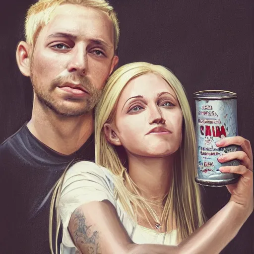 Prompt: a highly detailed portrait of a couple holding a tin can, blonde hair, trending on artstation,