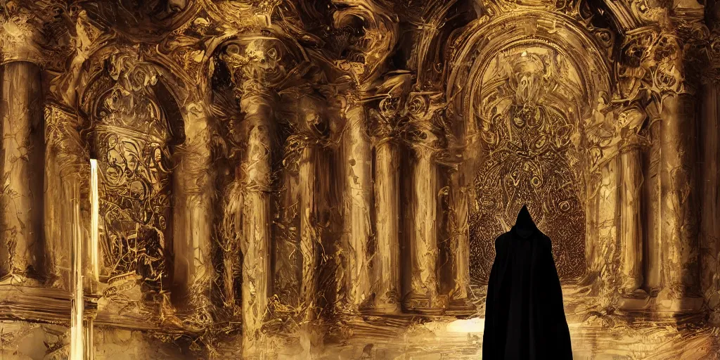 Prompt: a dark hooded cultist high priest , flowing robes made of obsidian and gold, ornate mask and fabrics, cinematic, epic, grandeur, large scale, tall ceilings, archways