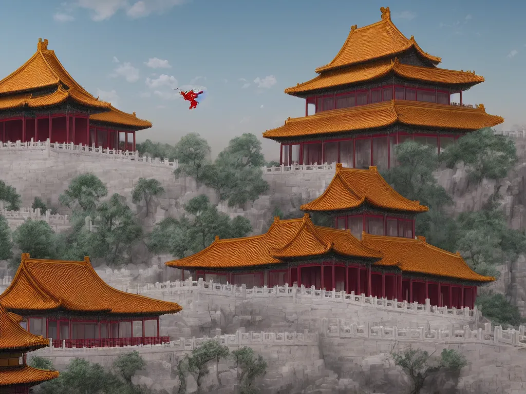 Image similar to the beautiful scene render that forbidden city on the cliff and white dragon hovering over the building ， trend on artstation