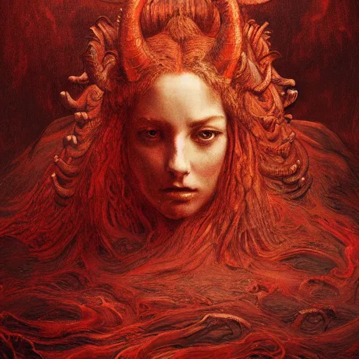 Image similar to a masterpiece! photographic portrait of a scarlet - colored!! beast!! with seven heads!! and ten horns!! by gustave dore and sam spratt and allen williams, trending on artstation, cgsociety, 8 k hd, earthtone colors, a cloaked woman riding the back of the beast