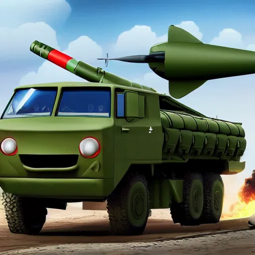 Image similar to HIMARS with missile, eyes and smile, Cars Pixar movie style, detailed, green