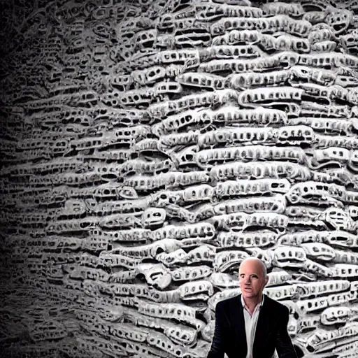 Image similar to jeffrey bezos sitting on a throne made of skulls, brutal, professional photography, artistic cinematography, ultra detailed, backlighting, sinister, laughing, mist, beautiful, 8k, lovely, trending, clear