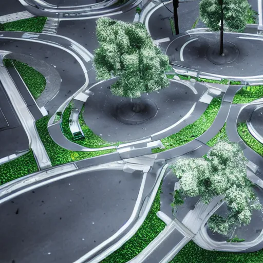 Image similar to futuristic city of Rome (as designed by Apple), Grey and White roads with green trees, octane render, 4K