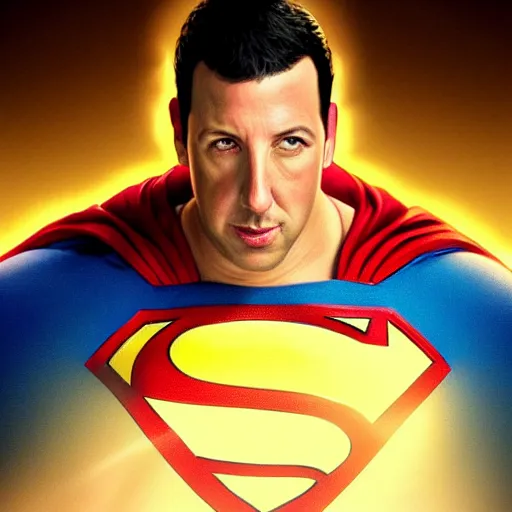 Image similar to portrait of Adam Sandler as superman, comedic, intricate, headshot, highly detailed, digital painting, artstation, concept art, sharp focus, illustration, art by artgerm and greg rutkowski and alphonse mucha