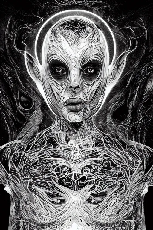 Prompt: black and white illustration, creative design, body horror, alex gray, android jones