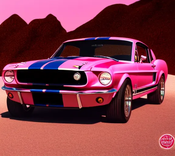 Prompt: shot of 1967 Ford mustang Shelby GT500 in pink color at sunset in front a beach, octane render