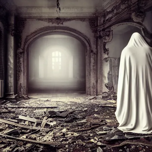Image similar to ominous bedsheet ghost with cutout eyeholes walking through an old destroyed building, oil painting, gloomy misty atmosphere, symmetrical, full body image, highly ornate intricate details, very sharp photo,