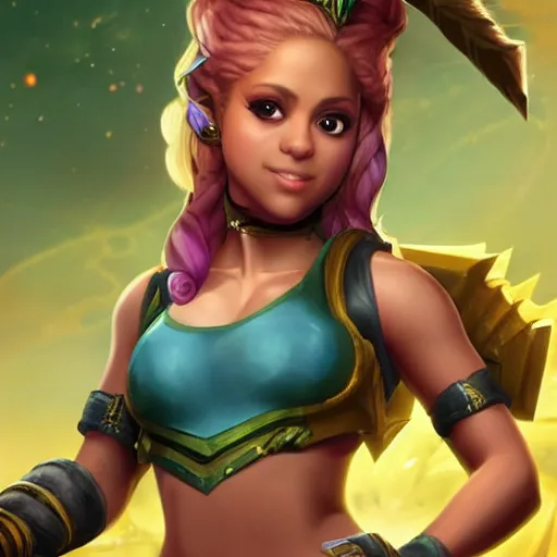 Image similar to shakira as a character in the game league of legends, with a background based on the game league of legends, detailed face