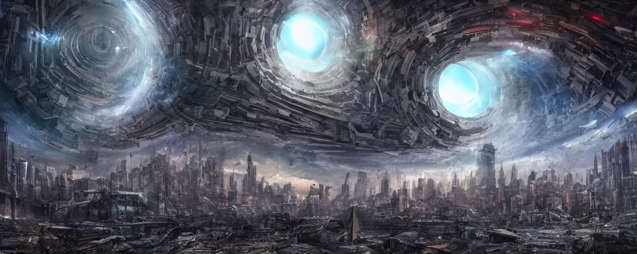 Image similar to a wormhole opening up in the middle of a post-apocalyptic city full of people, large scale, breathtaking, mixed media, digital art, trending on artstation, 8k, epic composition, highly detailed, AAA graphics