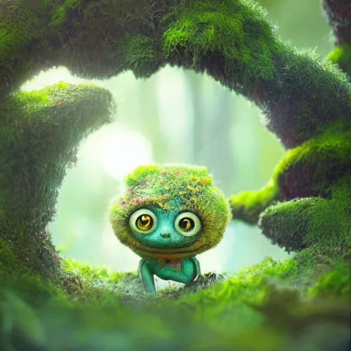 Prompt: a highly detailed painting of a tiny cute mossy forest creature by bobby chiu, big amber eyes, smiling, at sunset, macro photography, goro fujita