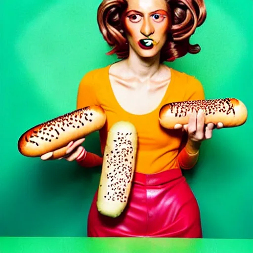 Image similar to a fashion model curls her hair using hot dogs. surreal photograph, toiletpaper magazine, 3 5 mm photograph, colourful, by pierpaolo ferrari, maurizio cattelan