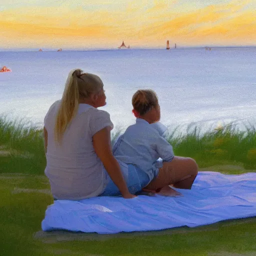 Image similar to a nine year old blonde girl and her two parents sit on a blanket at the beach and watch through sun go down in the style of anders zorn