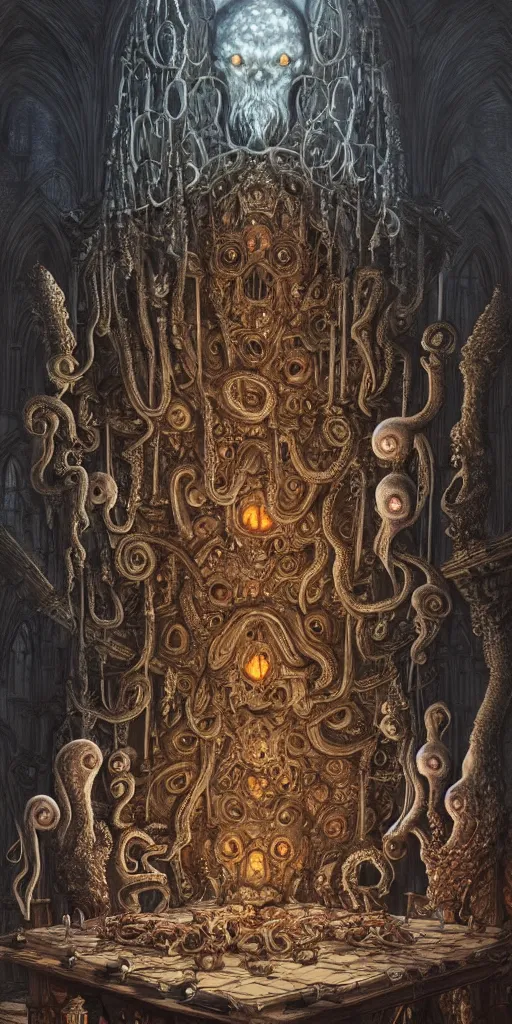 Image similar to mages with human bodies and magical armour with octopus heads sitting near the table in an ancient mage castle with enormous scale, gothic and baroque, brutalist architecture, ultradetailed, Intricate by John Howe and Josan Gonzalez and Giuseppe Arcimboldo