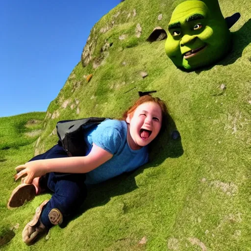 Prompt: shrek rolling down a hill towards a castle with explosives strapped to his chest