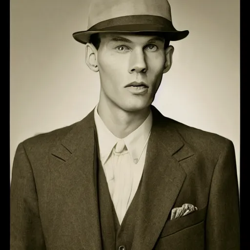 Image similar to A photograph portrait of Jerma985 wearing a suit with and fedora in the 1940s, taken in the early 1940s, grainy, taken on a 940s Kodak Camera, realistic, hyperrealistic, very realistic, highly detailed, very detailed, extremely detailed, detailed, digital art, trending on artstation