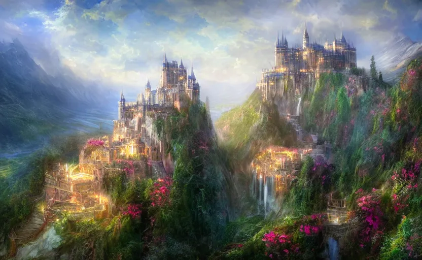 Image similar to beautiful secret city of the elves gondolin on top of a mountain, magical gloomy mystical. by konstantin razumov, fractal flame, chiaroscuro, highly detailded