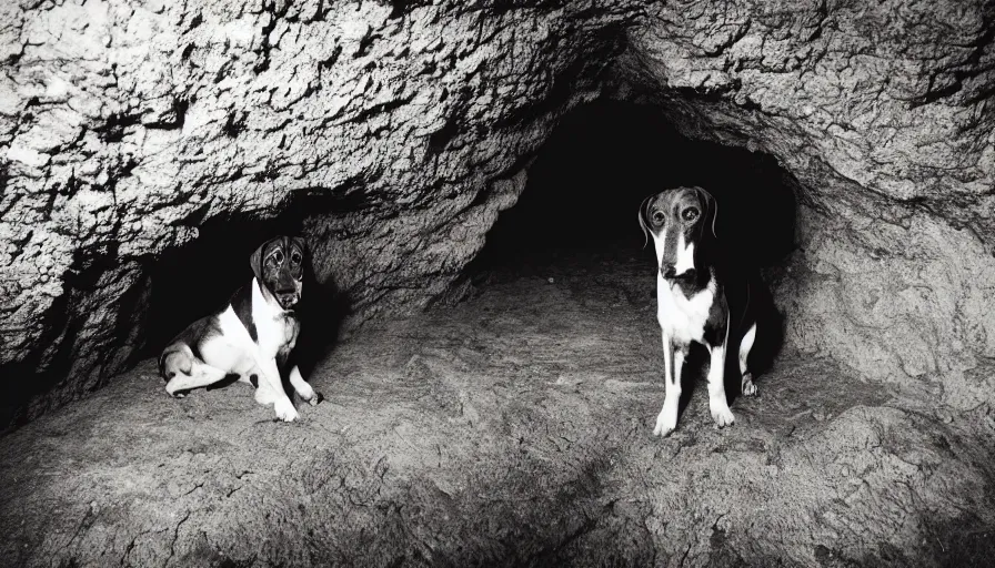 Image similar to a photo of a hound dog, in a dark cave, photography