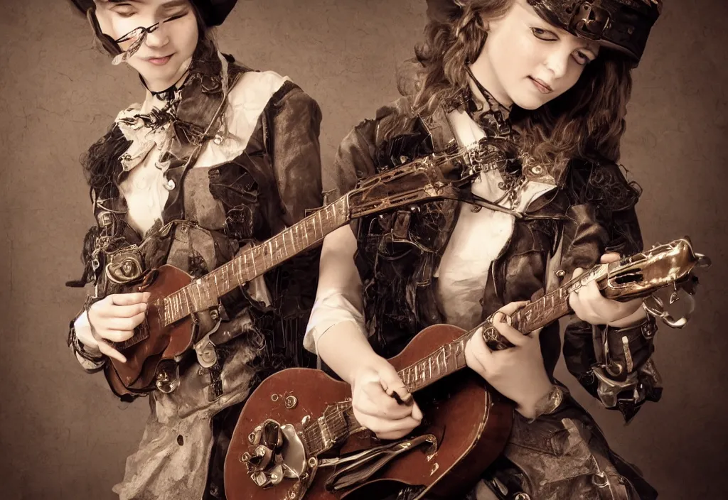 Image similar to girl playing guitar, steampunk, still, photoreal, gallery