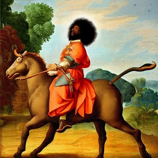 Image similar to black man with afro hair wearing an army green cloak, ( ( ( riding an orange bull ) ) ), renaissance style painting, stunning detail and accuracy