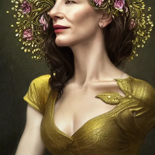 Image similar to Portrait of cate blanchett wearing a floral crown, olive skin, long dark hair, beautiful bone structure, shiny gold background, intricate, elegant, highly detailed, digital painting, artstation, concept art, smooth, sharp focus, illustration, art by artgerm and greg rutkowski and alphonse mucha