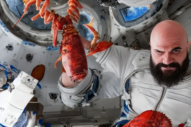 Image similar to kratos from the god of war videogame eating a whole lobster in the international space station